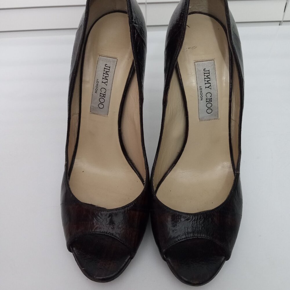 Jimmy Choo Black and Dark Red Peep-Toe High Heels - Picture 3 of 8